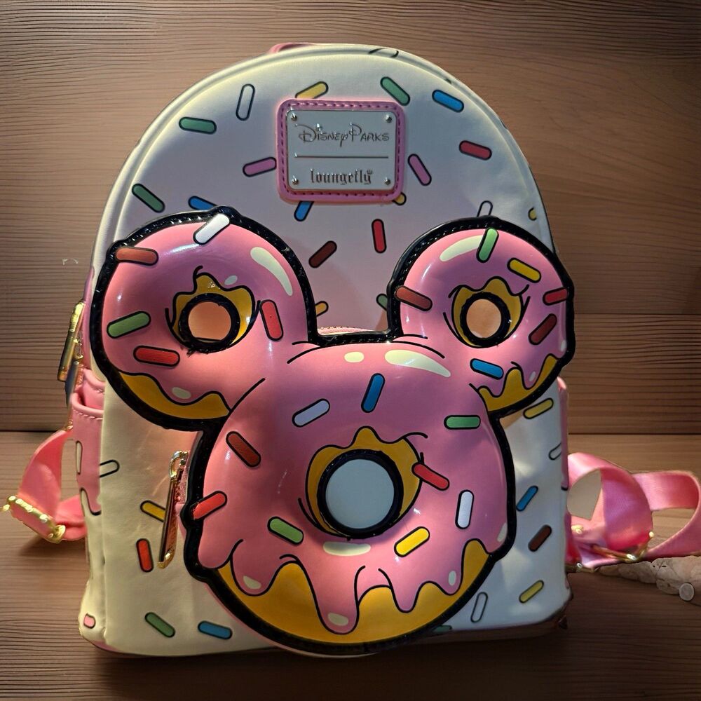 Disney Parks Loungefly Mickey Mouse Donut Sprinkles Mini Backpack Faux Leather.